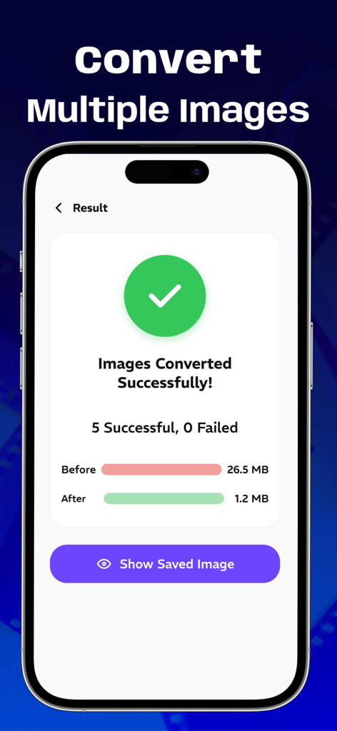 Image converter JPG, PNG, JPEG - Mobile app screen showing successful conversion and compression of multiple images.