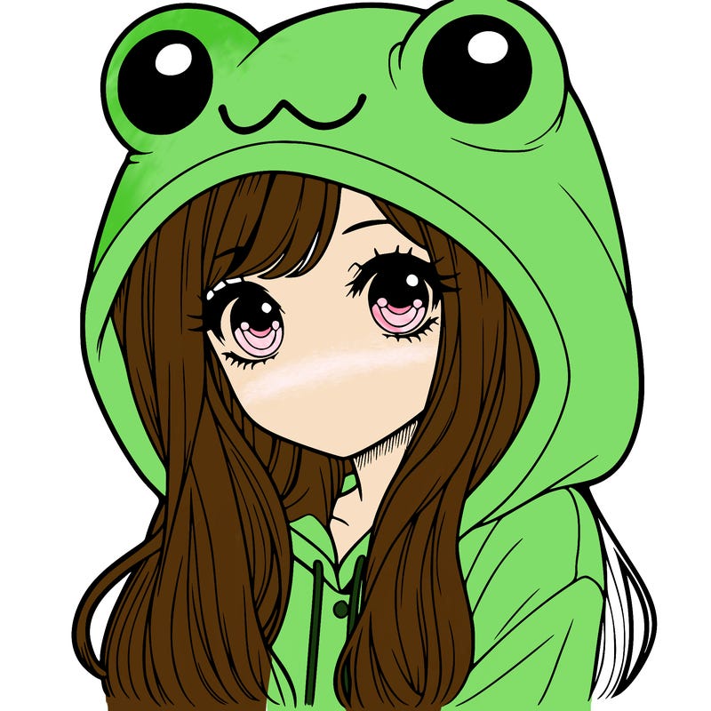 a pretty girl wearing a frog hoodie portrait with long hair