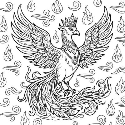Unleash your child's creativity with this enchanting coloring page featuring a magnificent Royal Phoenix. Watch as they bring this mythical bird, complete with its crown and flowing feathers, to life with vibrant colors.