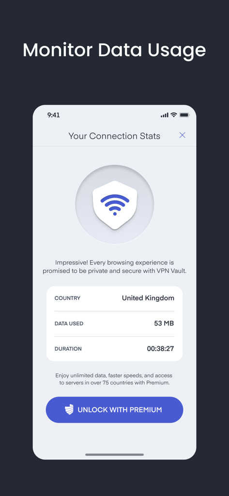 VPN Vault - Super Proxy App - Interface of VPN Vault app displaying connection stats and data usage monitoring