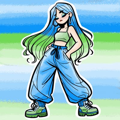 girl in baggy pants crop top and long hair