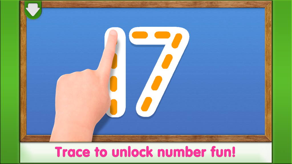 Elmo Loves 123s - A child's finger tracing the number seventeen on a digital blue board to unlock educational content.