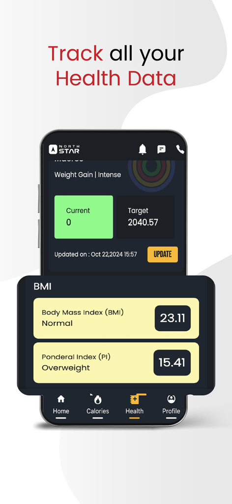 North Star Fitness - Smartphone screen of North Star Fitness app displaying health metrics including BMI and weight tracking