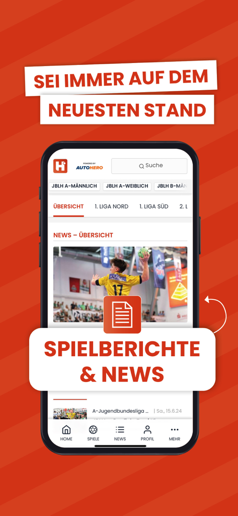 Oberfläche der Handball.net Mobile App mit Handballnachrichten und Spielberichten auf Deutsch