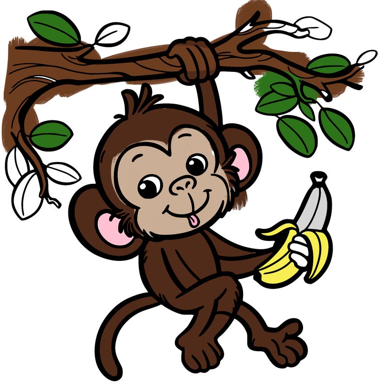 monkey hanging from a branch, reaching for a banana