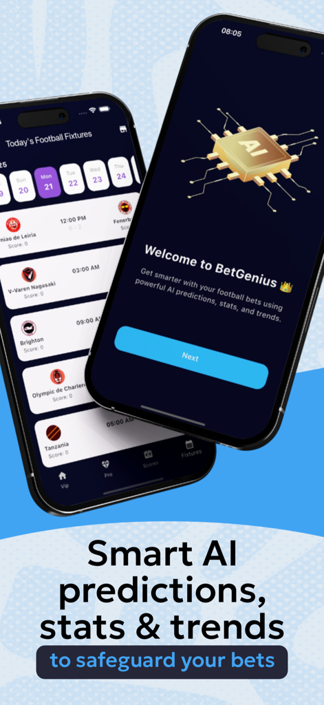 IntelPicks - Football stats - Two mobile phone screens showing football fixtures and the IntelPicks welcome screen with AI predictions for sports betting