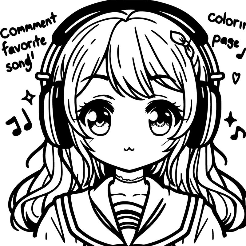 cute anime girl wearing headphones with the words "comment your favorite song!" above her