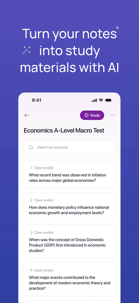 Interface do aplicativo Studyflash mostrando perguntas de estudo de economia geradas por IA no iPhone