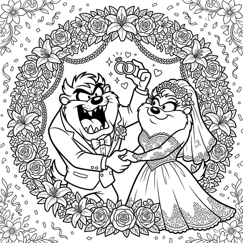 Join the wild celebration with this charming Tasmanian Devil wedding coloring page, featuring a joyous couple exchanging rings under a beautiful floral arch. Perfect for fans of unique characters and romantic occasions, this intricate design invites you to bring their special day to life with your favorite colors.