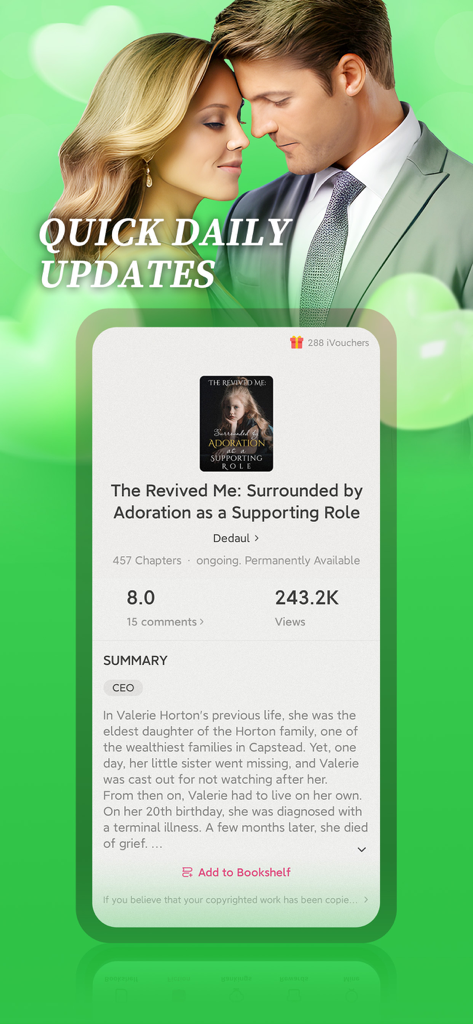 FavorNovel app interface showing the summary of a romance novel with a quick daily updates header