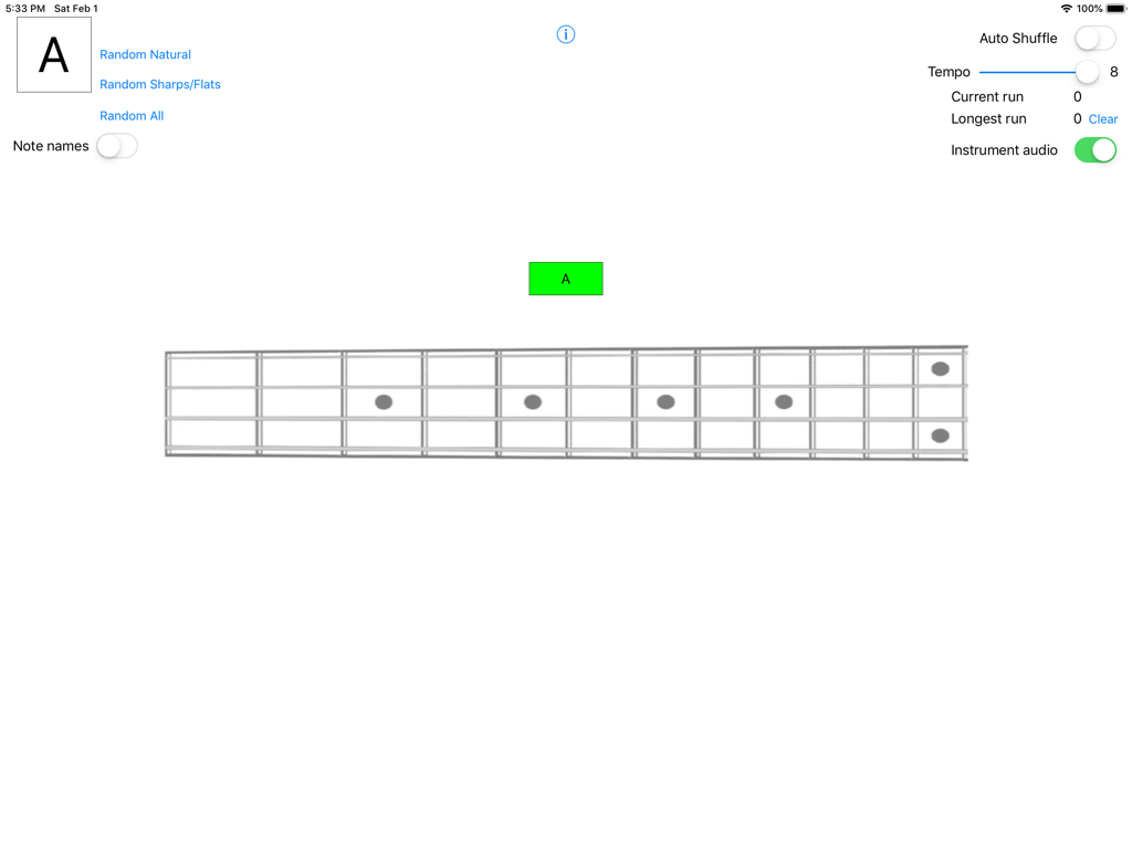 NoteGen Bass - Interface do aplicativo NoteGen Bass mostrando o braço de um baixo de 4 cordas e um quiz de identificação de notas correto