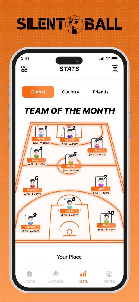 SilentBall Coach - SilentBall Coach app stats screen showing a team of the month leaderboard on a virtual basketball court