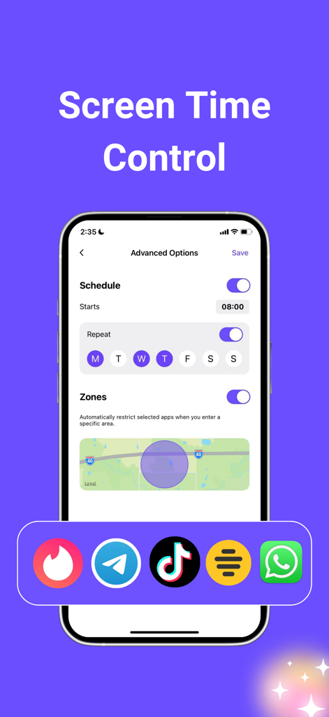 App Lock & Block App - Lockkit - Interface of the Lockkit app showing schedule and geofencing settings for screen time control
