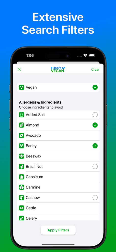 Fussy Vegan Pro - Fussy Vegan Pro app interface showing extensive search filters for allergens and specific ingredients like almond and barley.