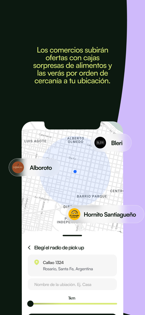 Wobox - Wobox app interface showing a map of local food stores and a pickup radius slider.