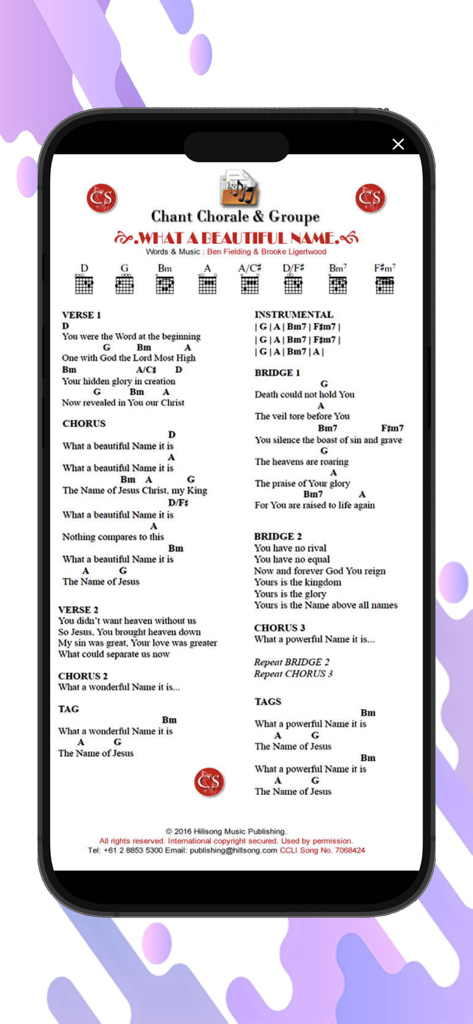Digital sheet showing song lyrics and guitar chords for worship in the Chant d Esperance app