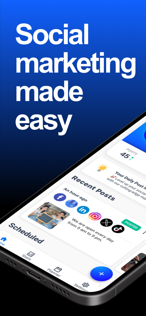 Hookle: Social Media Manager - Hookle mobile app dashboard showing social media marketing posts and scheduled content across multiple platforms.