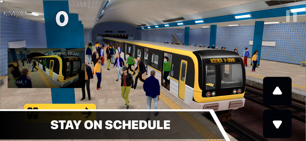 Un tren de metro amarillo detenido en una plataforma de estación concurrida con pasajeros en el juego de simulación Metro de Viena.