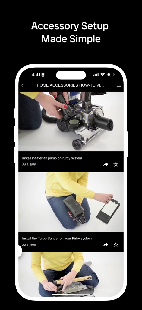 Kirby Vacuum App screen featuring how-to videos for accessory installation and maintenance.