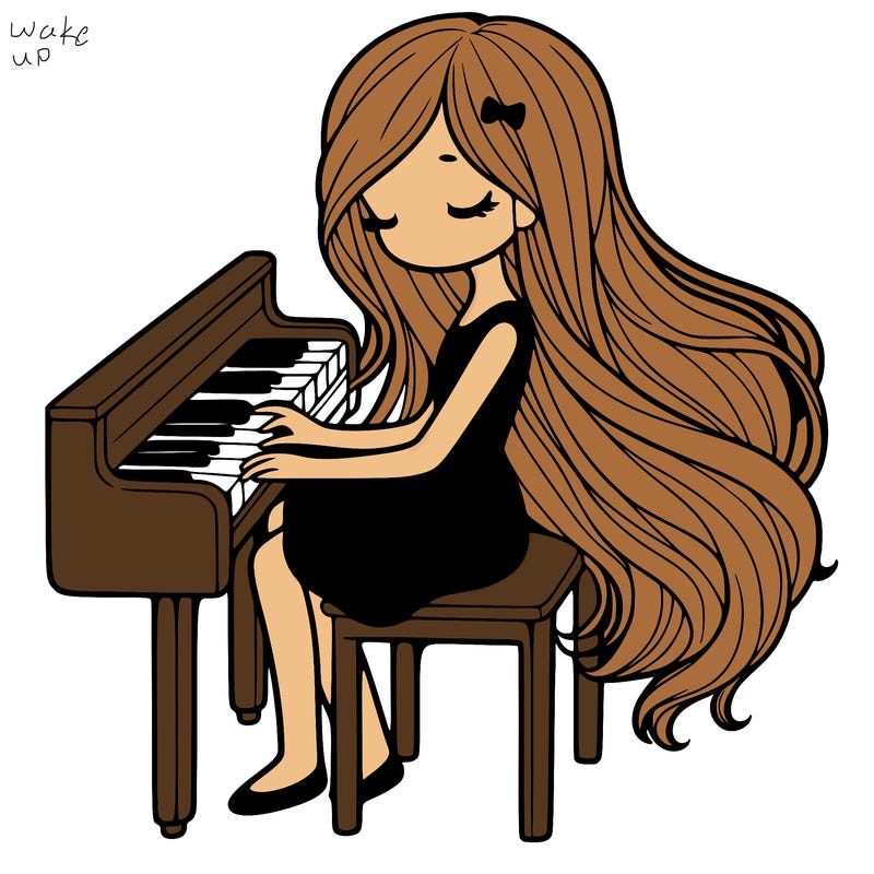 a girl sitting on a piano with long flowy hair