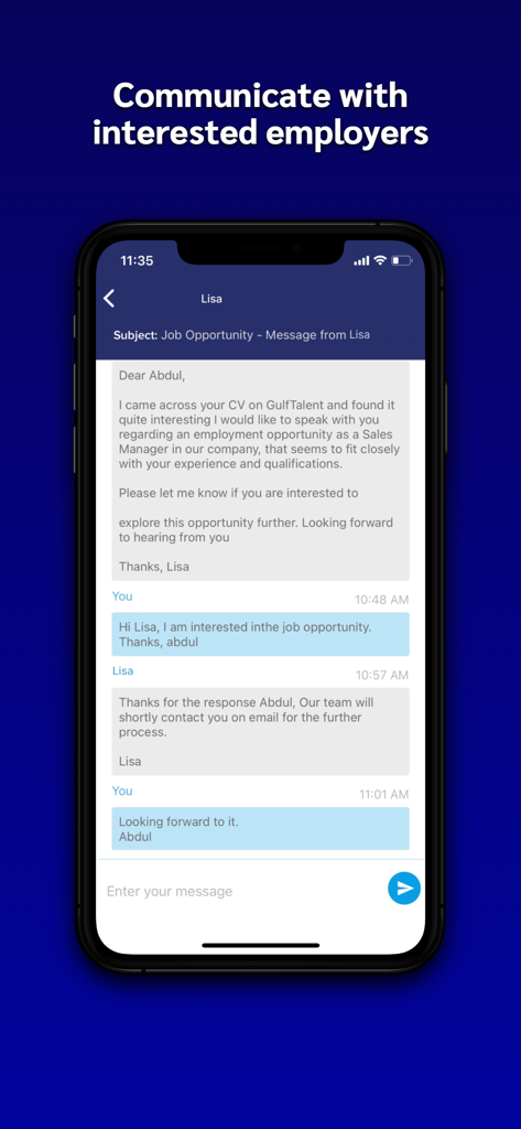 GulfTalent mobile app screen showing a chat interface for communicating with interested employers