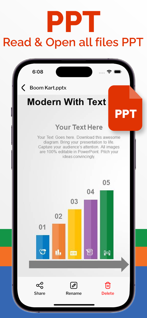 All Document Reader & Viewer - iPhone screen showing a PowerPoint slide with a colorful bar chart within the All Document Reader app