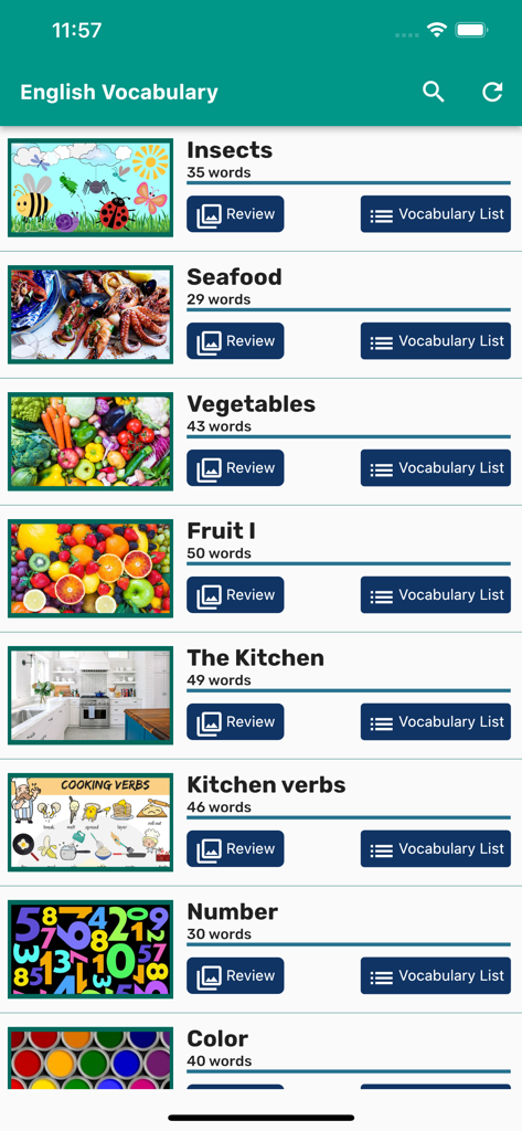 English Vocabulary in Use - A list of English vocabulary categories with images including insects, seafood, and kitchen items.
