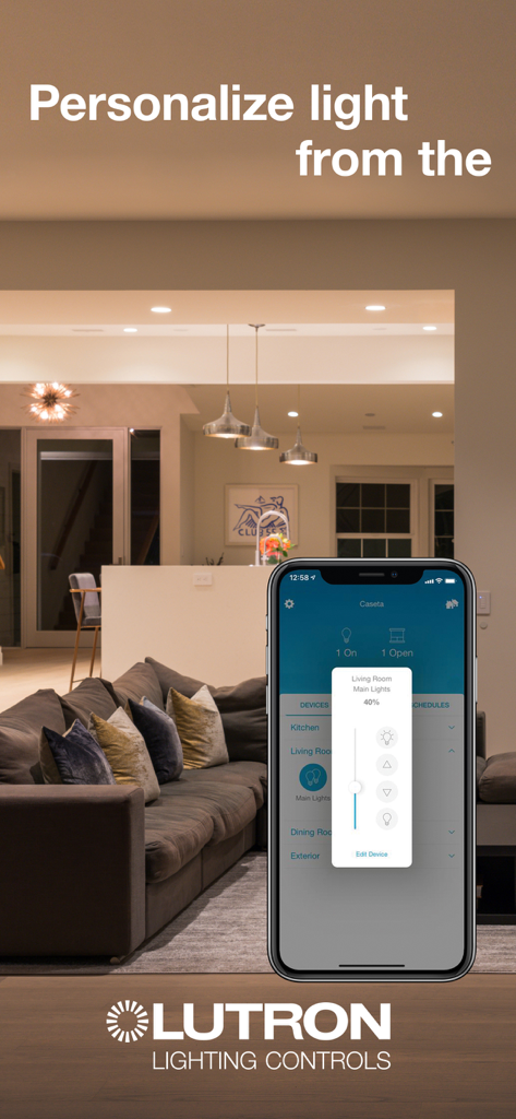 Lutron App - Smartphone displaying the Lutron app interface to control living room lights in a modern home