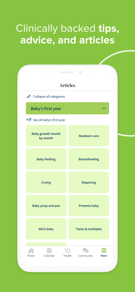 A mobile phone screen from the Ovia Parenting app displaying a menu of expert articles on newborn care breastfeeding and baby development