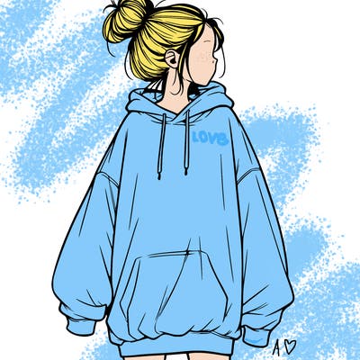 realistic girl with a oversized sweatshirt on and a bun
