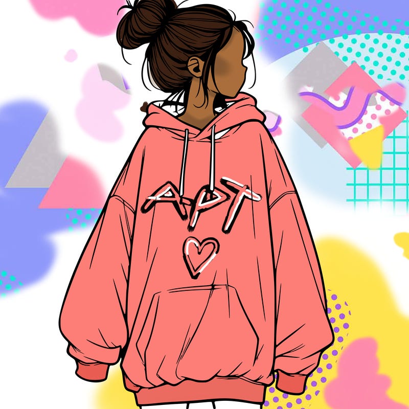 realistic girl with a oversized sweatshirt on and a bun