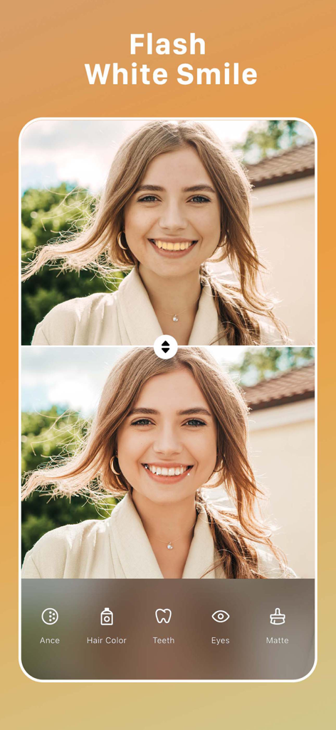 Everlook- Face & Body Editor - Interface de l'application Everlook montrant les résultats de retouche de blanchiment des dents avant et après