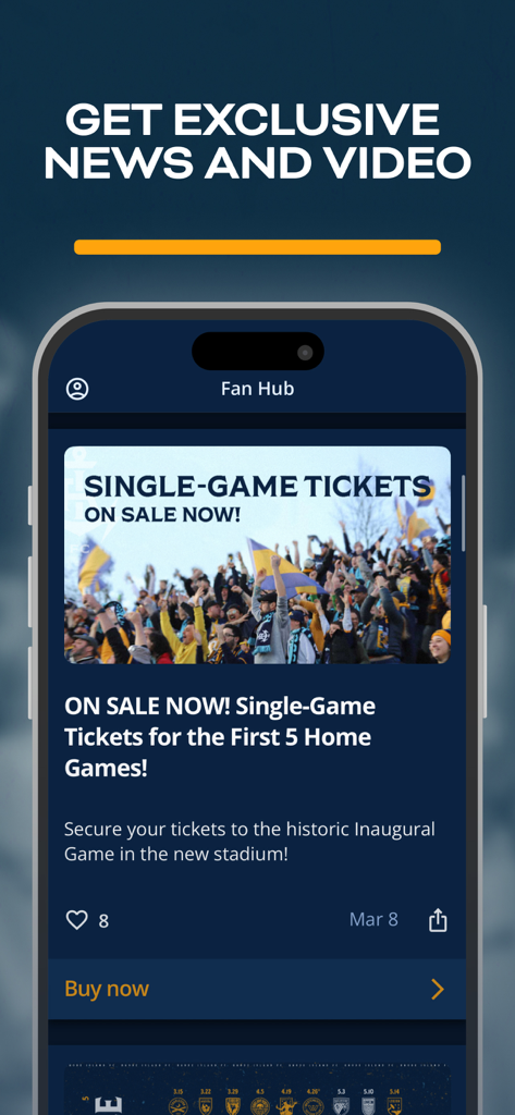 Tela do Fan Hub do aplicativo móvel do Rhode Island FC com venda de ingressos para jogos individuais e notícias exclusivas