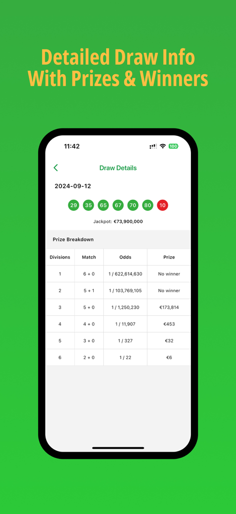 Detailed SuperEnalotto draw results screen showing winning numbers and prize breakdown table