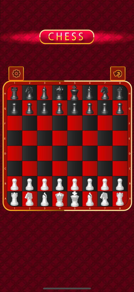 Super Chess for Watch & Phone - Un tablero de ajedrez digital con un tema rojo y negro con piezas de ajedrez plateadas y oscuras en posición inicial