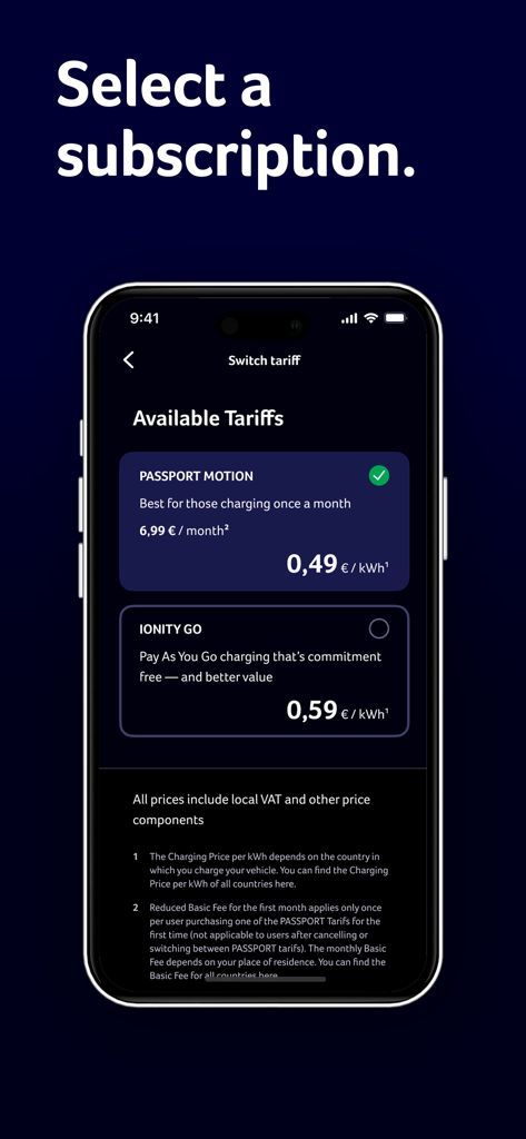 IONITY app interface for selecting electric vehicle charging subscription plans and tariffs.