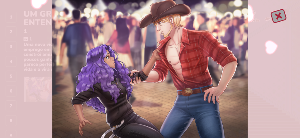 Entre Laços e Amassos - An illustration of a man in a cowboy hat holding the arm of a woman with purple hair during a crowded festival.
