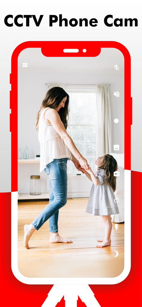 Camy app on a smartphone showing a live video feed of a mother and child for home monitoring