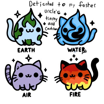 4 cats that represent the different elements, earth, water, air, and fire