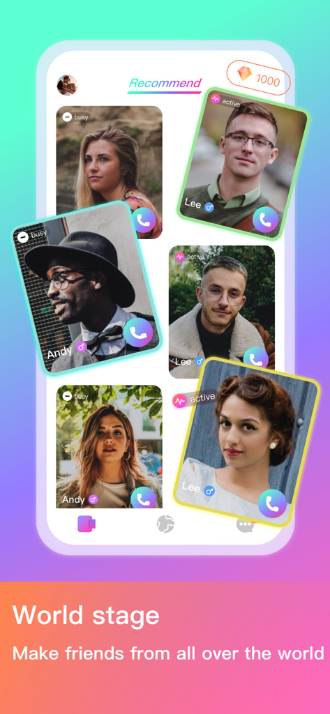 Likeu-Live Video Chat - Un'interfaccia di app mobile che mostra profili utente consigliati per videochiamate live globali e amicizia.