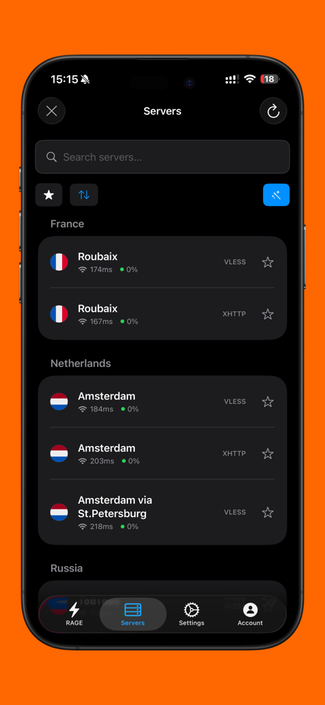RAGE - Unlimited Access - RAGE app server selection screen featuring global connection points in France and the Netherlands.