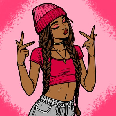 realistic teenage girl with braids and a beanie and crop top doing 🫶🏼