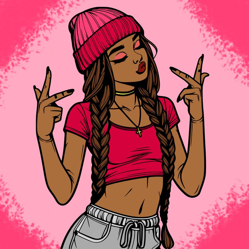 realistic teenage girl with braids and a beanie and crop top doing 🫶🏼