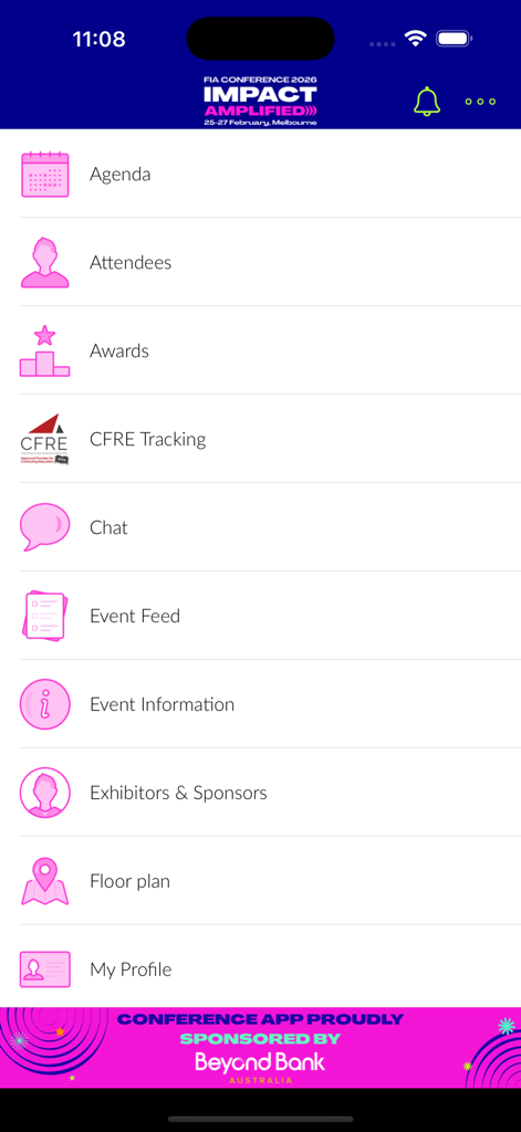 The main navigation screen of the FIA Conference 2026 app featuring a list of icons for agenda attendees awards and event information