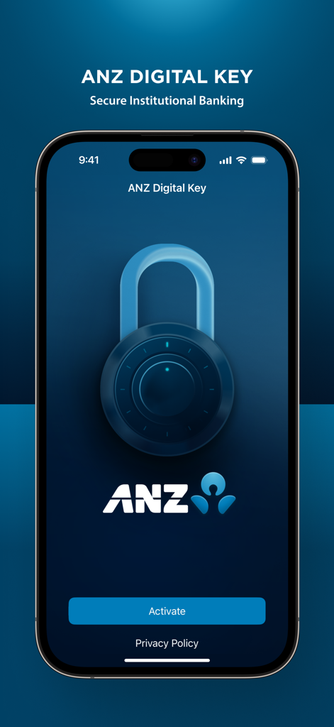 ANZ Digital Key app splash screen featuring a large padlock and ANZ logo