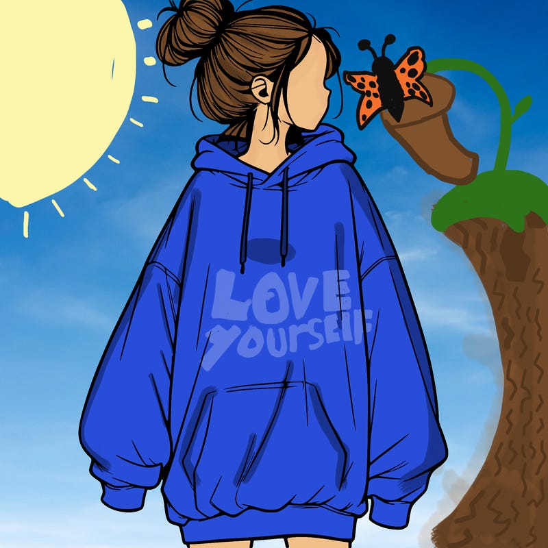 realistic girl with a oversized sweatshirt on and a bun