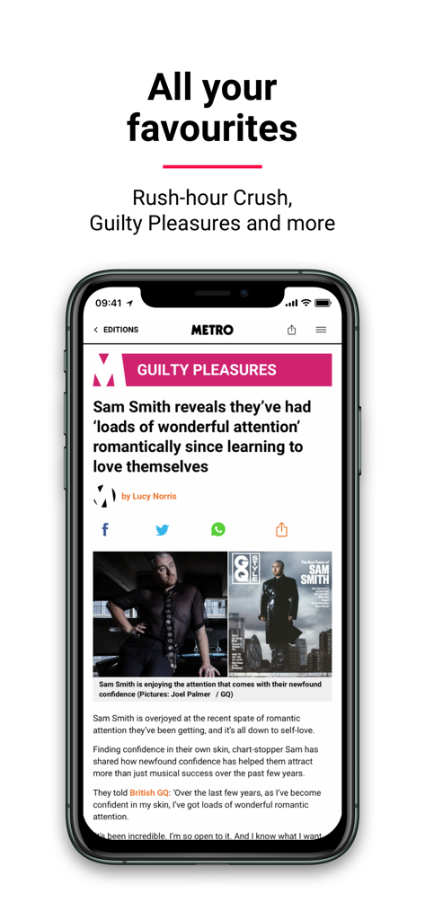 Metro: World and UK news app - サム・スミスに関するゴシップ記事が「Guilty Pleasures」セクションに表示されているメトロニュースアプリを表示するスマートフォン。