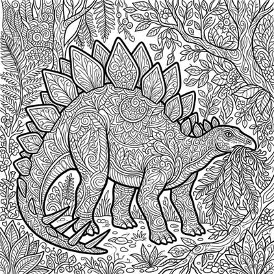 Dive into a prehistoric Zentangle adventure with this unique coloring page featuring a Stegosaurus enjoying its herbivorous meal. Its intricate patterns and lush jungle background provide a relaxing and engaging coloring experience for all ages.