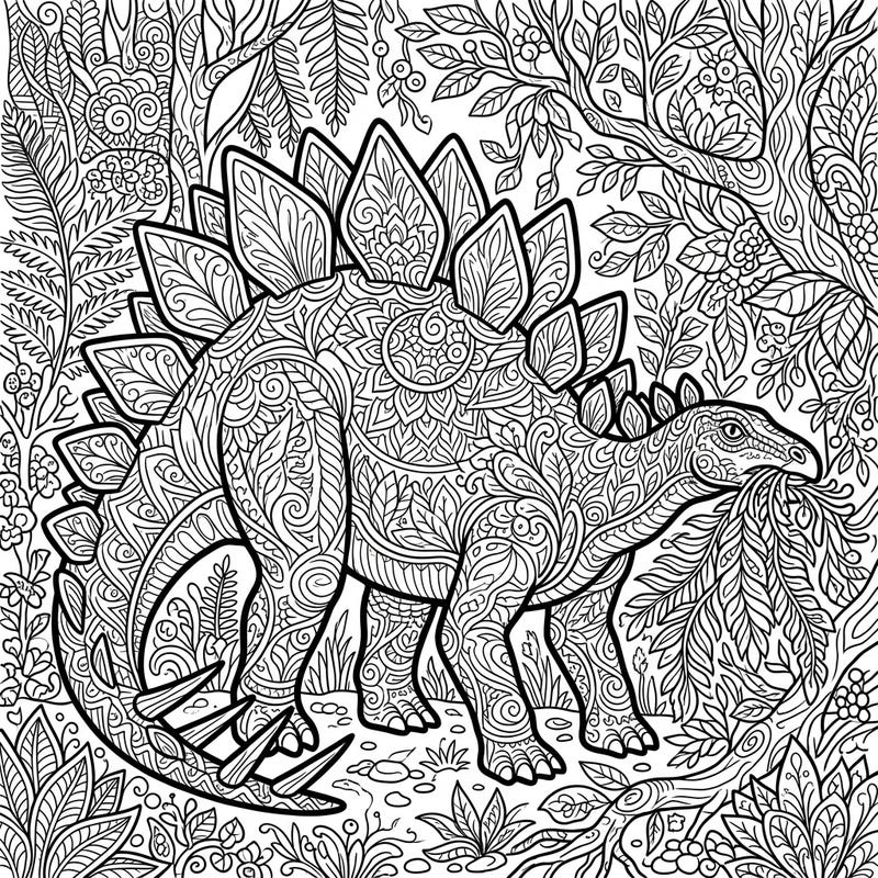 Dive into a prehistoric Zentangle adventure with this unique coloring page featuring a Stegosaurus enjoying its herbivorous meal. Its intricate patterns and lush jungle background provide a relaxing and engaging coloring experience for all ages.
