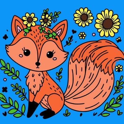 fox with flowers and 2 tails